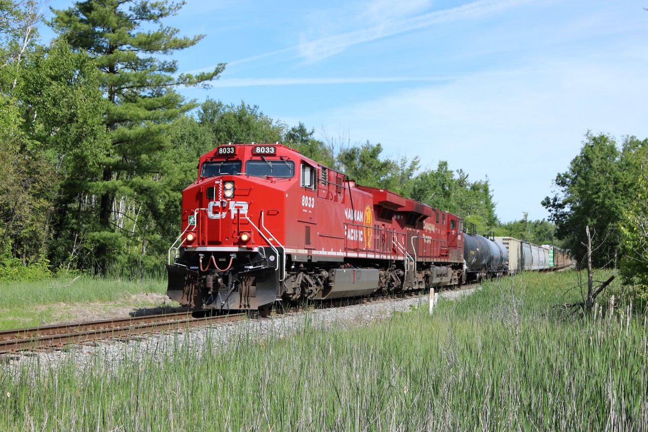 CP 246 lead by freshly rebuilt and repainted in the new "beaver" style, CP 8033 along with CP 8851 roll up to Carlisle Road and the CP detector with a short 1200 foot mixed manifest train on the way south to Desjardins.