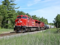 CP 246 lead by freshly rebuilt and repainted in the new "beaver" style, CP 8033 along with CP 8851 roll up to Carlisle Road and the CP detector with a short 1200 foot mixed manifest train on the way south to Desjardins.