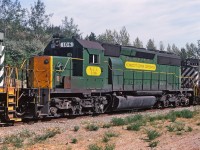 At Gibraltar, KCC 106 on it's new home railroad is wedged between two "two tone green" BCR MLW's. Eventually 106 will be overhauled and painted in the BC Rail red white & blue paint with a new number 741 although not equipped for lead cab standards. We were stopped there making a pick up copper concentrate.