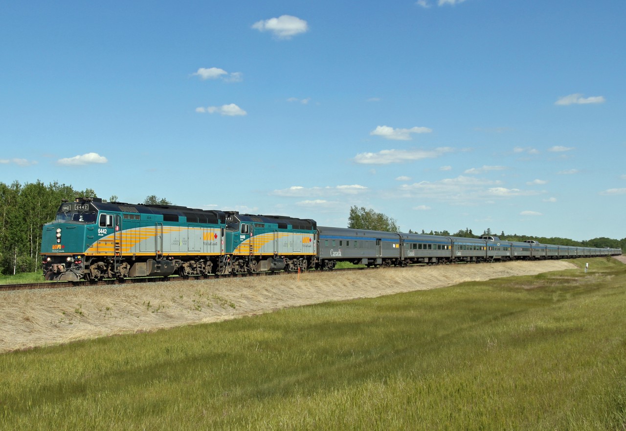 A late running VIA #1 is seen passing North Cooking Lake headed by F40PH-3's 6442 and 6449