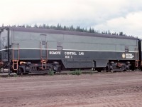 Remote Control Car at Prince George, BC Rail yard. Early 1970's BC Rail started to implement mid-train "robots" or remote control units. The railway purchased several RCC cars from CPR and the BN / GN. The RCC cars were made from CLC or EMD B units and contained the electronics and air brake equipment for Remote Control operations. The RCC's were basically the slave receiver and were MU'd to the locomotives in the remote consist and sent the signals to the remote units in the consist. Some of the RCC cars were equipped with a oil stove heater, cot bunk  and electric hotplate for use by any technician that may ride the RCC cars during the experimental stage of remote control operations. RCC 3 pictured is ex CPR from a CLC "B" unit