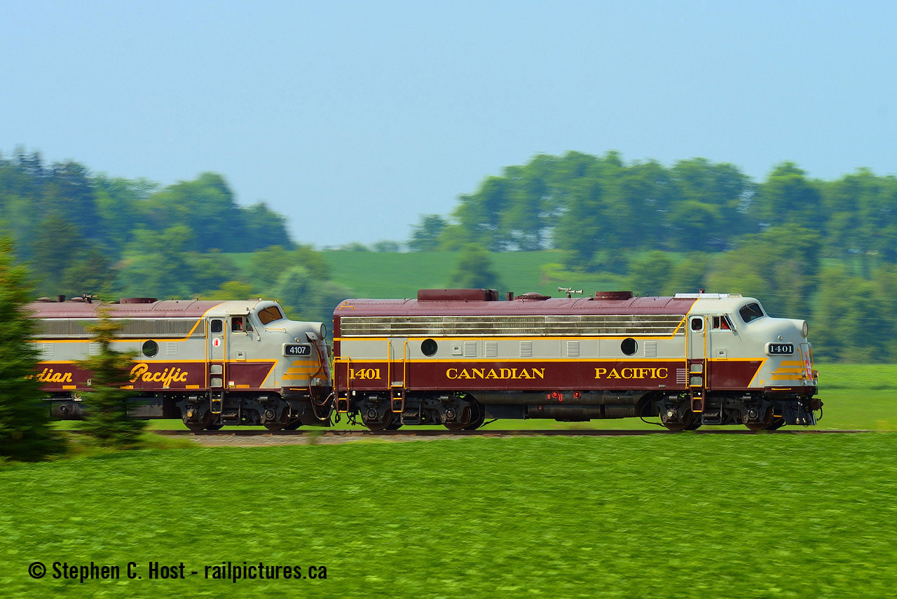 If you ever find yourself near Conc. 8 this is a great spot for pans on the Hamilton subdivision, and what better subject than two elephant style F units peeking from out of the bushes as CP's 150th train heads north. Keep it classy, CP!