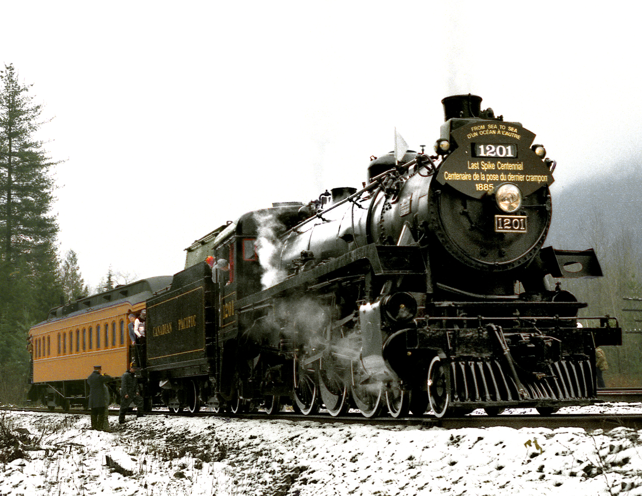 After ceremonies commemorating centennial last spike at Craigellachie CP G5 4-6-2 1201 turns on the wye at nearby Taft before returning to Revelstoke. Yellow business car belonged to contractor Langdon & Shepard and was present at original 1885 last spike