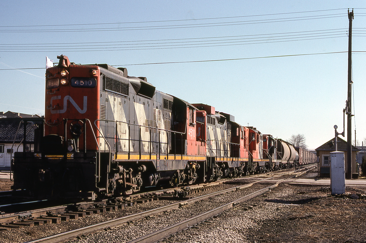 CN 4510 leads this freight through London, Ontario on March 25, 1981.