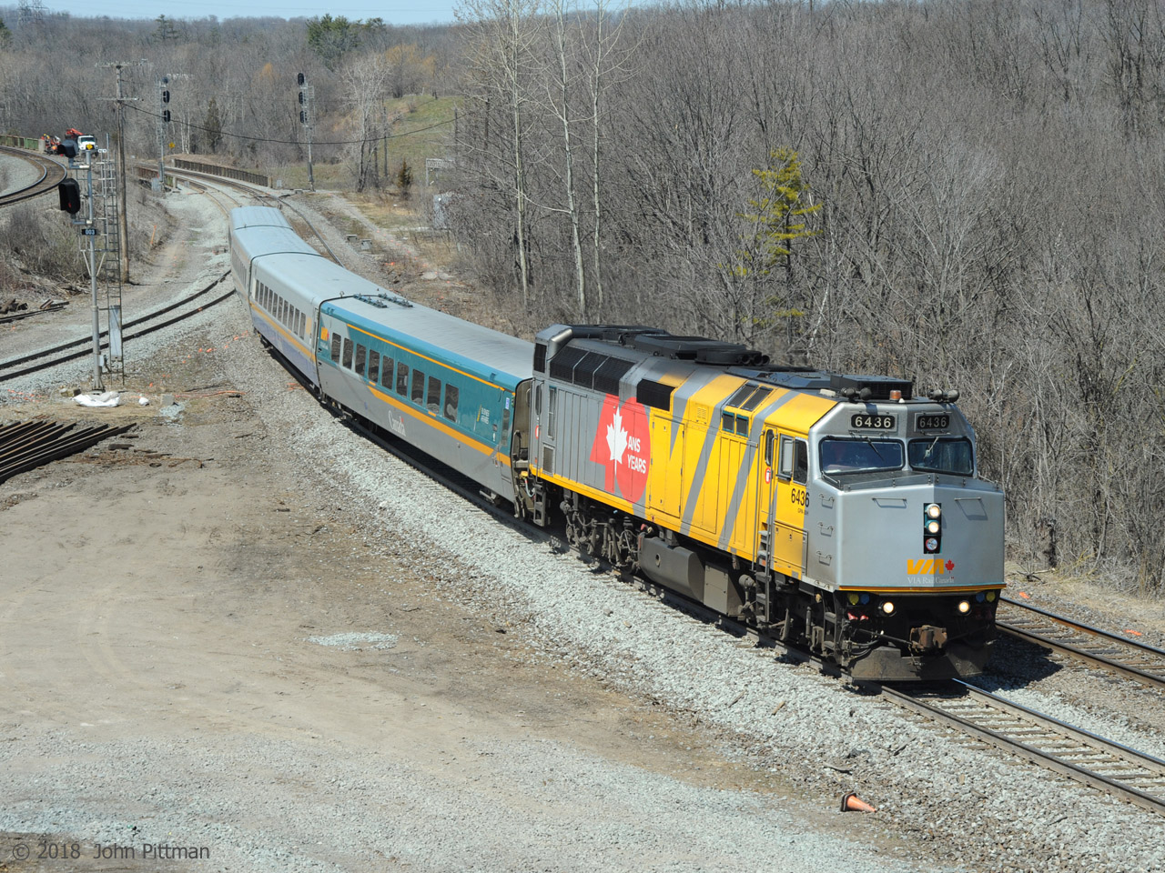 VIA 6436 is an F40PH-3 that received the Canada 150 scheme.  Updated for VIA's 40th anniversary, it is leading VIA train 72 eastward at mile 0.3 on the Dundas sub, the west end of the Bayview Junction wye.