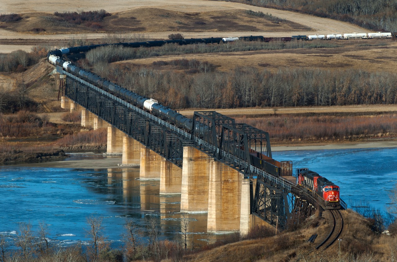 CN 314 is seen crossing the North Saskatchewan River just west of North Battleford.