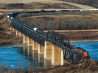 CN 314 is seen crossing the North Saskatchewan River just west of North Battleford. 