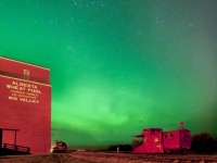 I pulled over at this historic train station in Big Valley as the northern lights filled the sky.This caboose, an ex-CNR car, #79146,  was built in the late 1950s on the frame of an ancient boxcar.