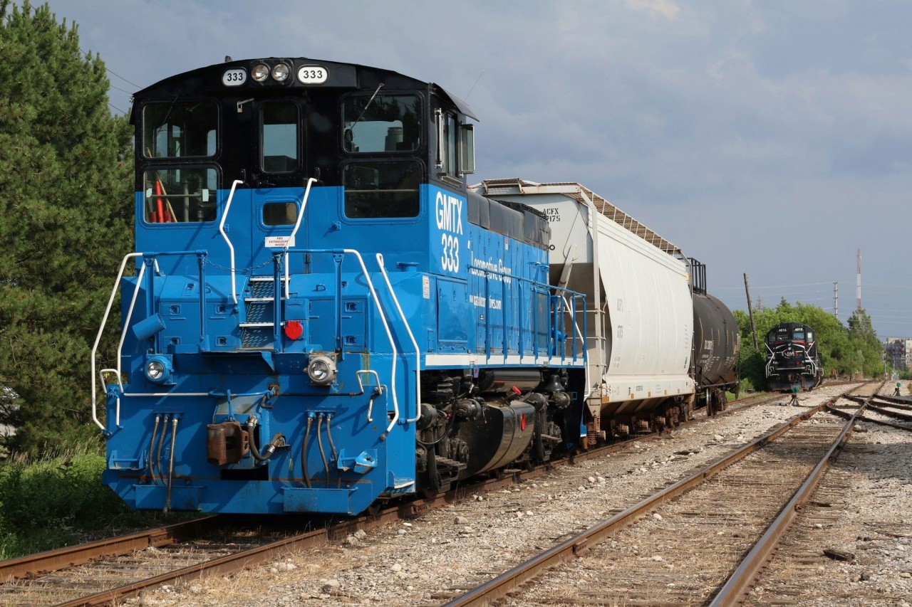 “Changing of the guard” Trillium’s power for the former Cando operation out of Orangeville has finally arrived at Streetsville. Here we see past and present power for the OBRY sitting in the yard. The former Milwaukee Road MP15 was relocated from Trillium’s other operation in the Niagara Region and may only be temporary power for the line out of Orangeville. Cando’s last run over the line was on June 30 to drop the GP9 in the background, while Trillum will head north on July 2 for the first time. It’s interesting that CP local T14 did not lift the GP9 on its return trip to Toronto, maybe the paperwork wasn’t approved yet for shipping?