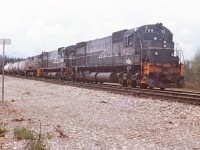 In the siding at Crysdale, "VO" symbol freight, white flags & white classification lights "run extra" waiting on a meet with south bound train. It was a drab afternoon and we were anxious to leave for our final destination Prince George.