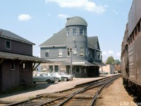 The CN Bridgewater NS station is pictured in July 1971. It was built for the Halifax & Southwestern around 1901, and CN eventually took over the line. Unfortunately, it was destroyed by fire in 1982. On the track to the right of the scene are some CN hopper cars with extended sides (often found in woodchip service).
<br><br>
<i>Note: Geotagged location not exact.</i>