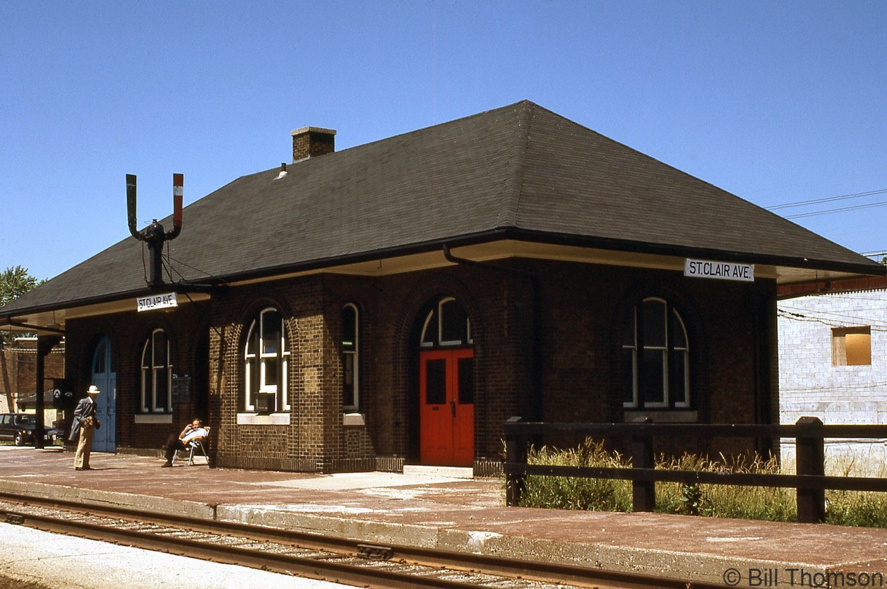 CN's St. Clair Ave. Station is pictured in June 1978. This station was built in 1930/31 as a suburban commuter station along the the Newmarket Sub just north of St. Clair Avenue West west of Caledonia Rd. in Toronto (constructed at the same time as the grade separation project going on with St. Clair Avenue). It was destroyed by fire in February 1997, and subsequently demolished.