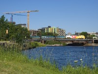 VIA 916 leads VIA 22 over the Lachine Canal on a lovely summer morning.