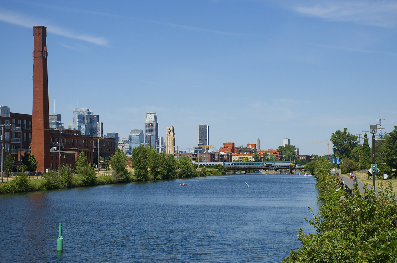 VIA 917 leads VIA 62 over the Lachine Canal on a hot and humid afternoon in Montreal.