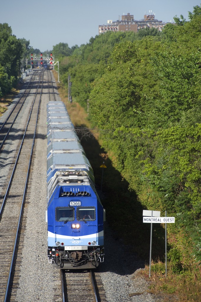 AMT 1366 leads RTM 174 from Saint-Jérôme eastbound on CP's Westmount Sub.