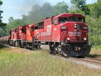A southbound CP train is seen having just gone through Guelph Junction, Ontario has it continues its journey down the Hamilton Subdivision towards Hamilton and Welland on July 5, 2008. Powering the train are SOO Line SD60M 6060, GP9u 8229 and ES44AC’s 8896 and 8893. 
