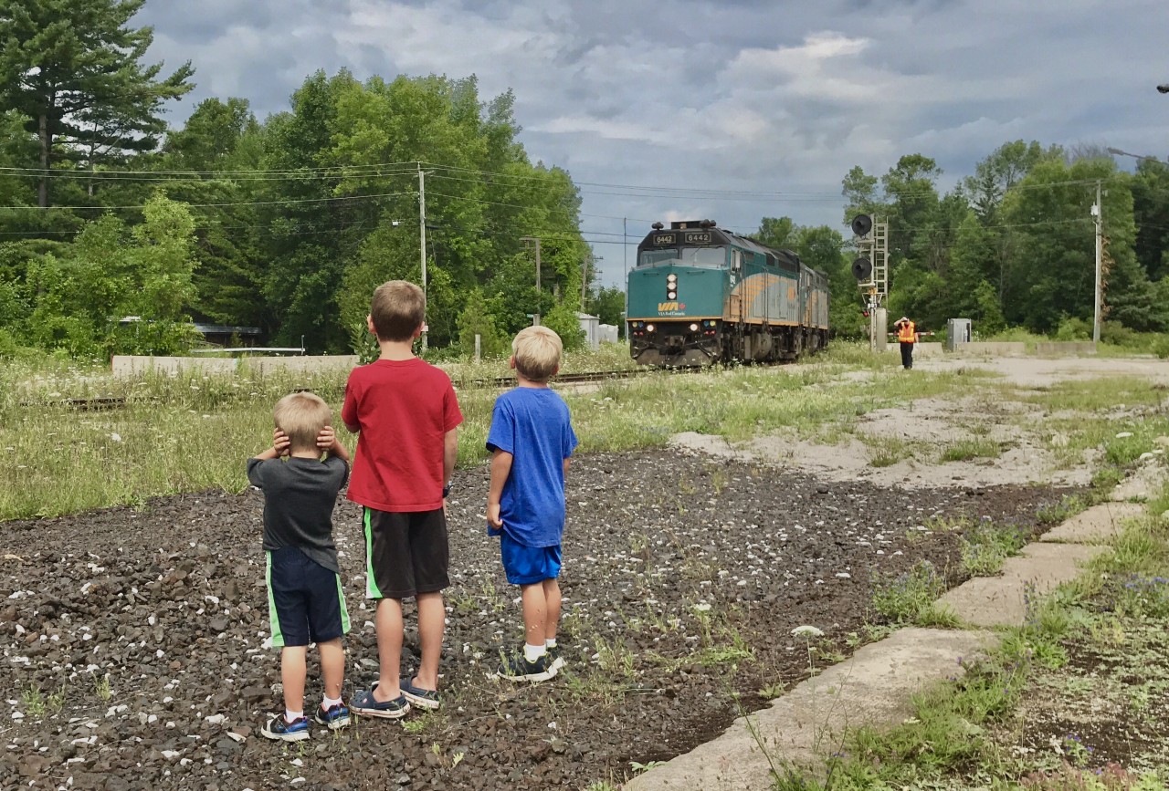 Three brothers watch as VIA's 5-hour late train #2, the "Canadian" arrives at Washago station.