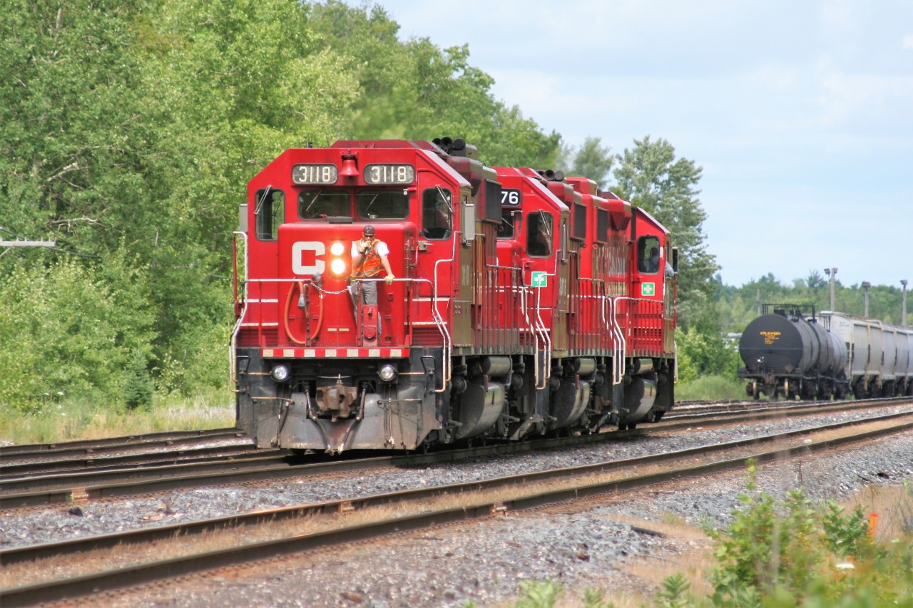 Canadian Pacific train T69 is seen switching at Guelph Junction in Campbellville, Ontario with a trio of GP38-2's that include 3129, 3076 and 3118.