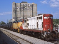 OSRX 378 and 175 are seen switching the small yard next to Clarkson GO station alongside CN's Oakville Sub. 