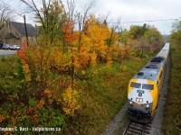 With a limestone church (now a hall) in the namesake town of Limehouse, and with quarries all around the area, one can tell what was the rich resource that built the town of Limehouse now just a stones throw from sprawling Georgetown. Fall colours were in rich bloom as VIA 87 passes through, mimicing the yellows of foliage with their Via 150/40th anniversary paint scheme.
