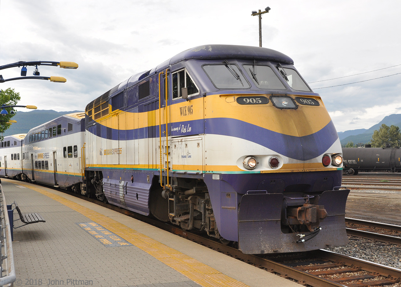 West Coast Express's highest number F59PHi WCE 905 is leading their 3rd weekday afternoon departure, the 5:40 PM service from Vancouver Waterfront station making all station stops to Mission City. In this picture it is seen arriving at WCE Port Coquitlam station at 5:24 PM, right on schedule.
