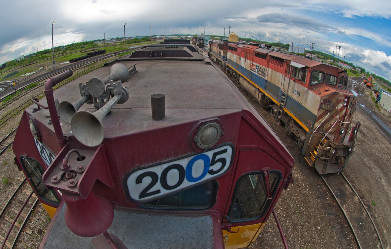 CN, IC, BCOL, and WC units lounge about Fort St John yard on a slow weekend.  Taken with a 10.5mm fish eye lens.