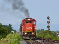 CN 2018 throttles up departing Sarnia east bound.