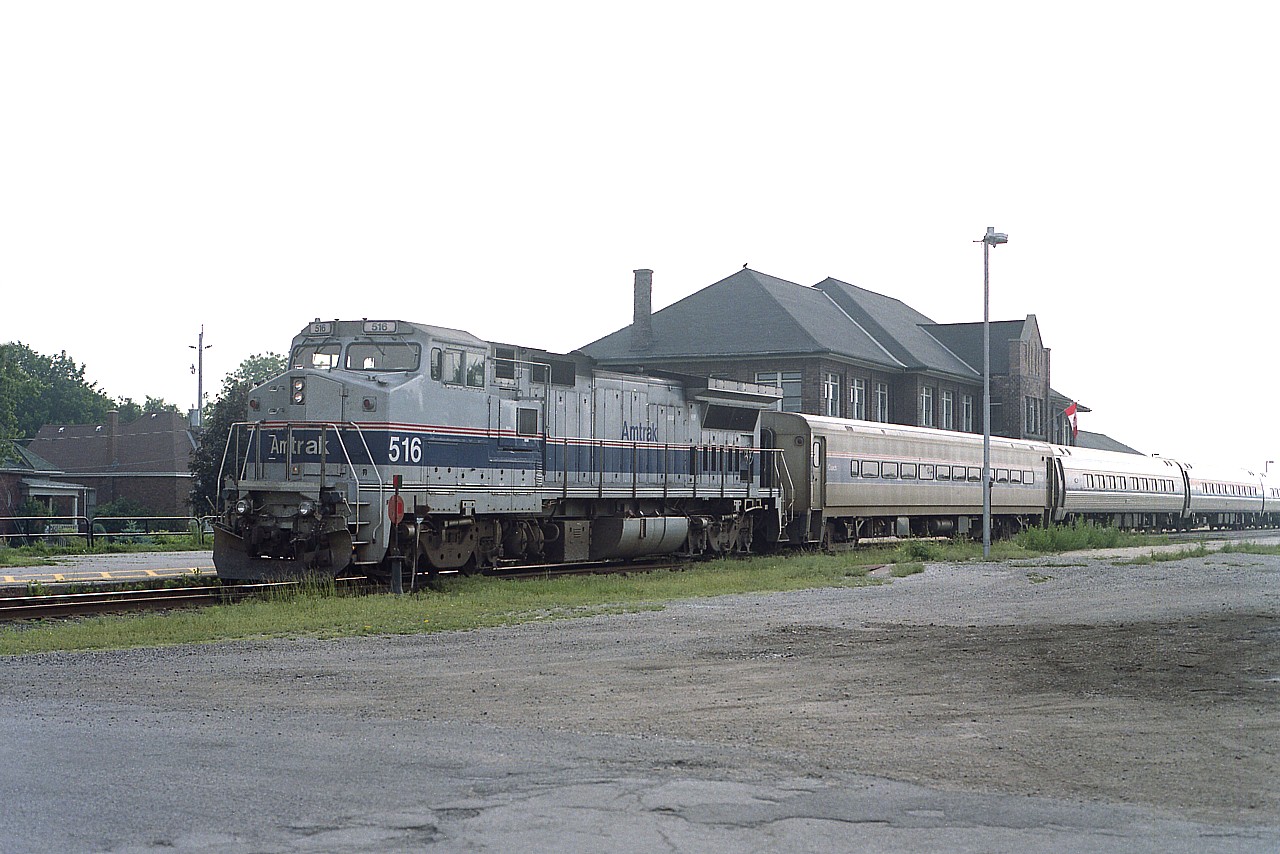 The chances of seeing one of Amtrak's B32-8 locomotives pulling these days is extremely slim. They have all been reduced to yard service in selected major cities.  But then, there were only 20 of them to being with, slotted 500-519 in the roster. Even though in this morning shot I would have been shooting straight into the sun had it been out, I probably would have passed on driving all the way up to Stratford from Niagara if I had known the weather would have deteriorated to the extent it did. Dull, drizzly and foggy. But, its all history now.