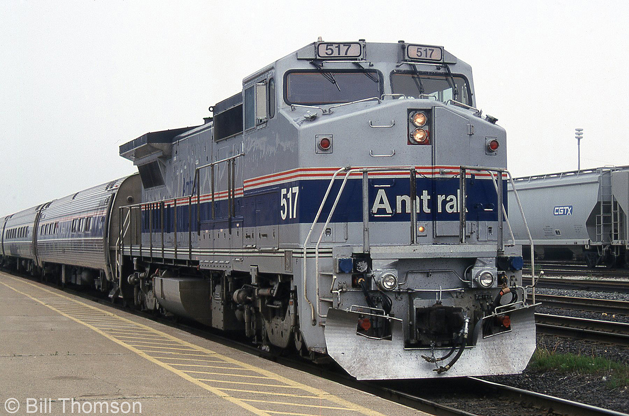Amtrak B32-8WH 517 heads up today's "International", stopped at the station in Sarnia before entering the St. Clair tunnel and continuing on to the USA.

The GE B32-8WH (or Dash 8-32BWH) was an Amtrak-only model variant of GE's B32-8, equipped with a widecab and HEP output for passenger service. Only 20 were built for Amtrak in 1991.
