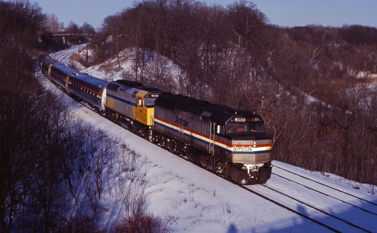 A late Amtrak "Maple Leaf", VIA train 97 to New York City, rolls through Bayview behind Amtrak F40PH 242 and VIA 6443 in the early afternoon. The consist suggests a power failure; however, I don't know the reason for the delay this day.
