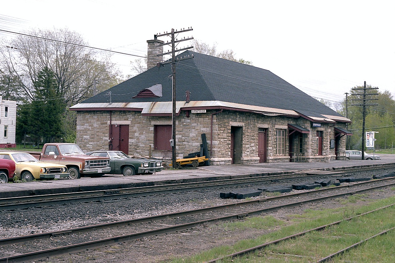This is a beautiful old station. Too bad CP didn't think so. The town wanted to save it, but because it was built from local limestone and would be very costly to relocate, there just wasn't the money and CP demolished this stately old structure 3 months after I got this photo. This and only three others, Renfrew, Pembroke and Alimonte, were built to a special architectural plan, and now are all lost. The station was constructed around 1899. The railroad was built in 1864. Today there is nothing left, the Ottawa Valley CP route track pulled in 2012.