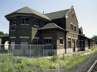  This 'chateauesque' style station was was built by the Canadian Northern Railway, and eventually it became part of the CPR. The building was abandoned when I shot this in the summer of 1976 and by the following year I understand it was demolished.  A real shame, because it was solid, and could have had a nice future. (The noticeable distortion in this shot is on account I had to use a wide angle lens back then)
