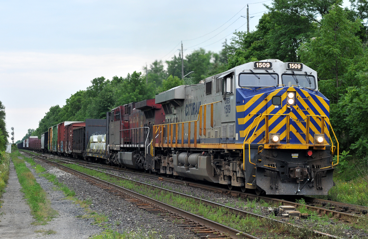 Doing their best to hide the fact that it's a CN train...CREX 1509, and CP 9668, haul a 143 car M38331 31 through Hardy
