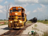 Quebec Gatineau 2500 along with RLHH SD40-2 3404 switch cars at Garnet Yard on a hot August day. Moments before RLHH 3049 departed the yard light heading south to switch the large refinery at Nanticoke. A moth photobombed the picture at upper left. 