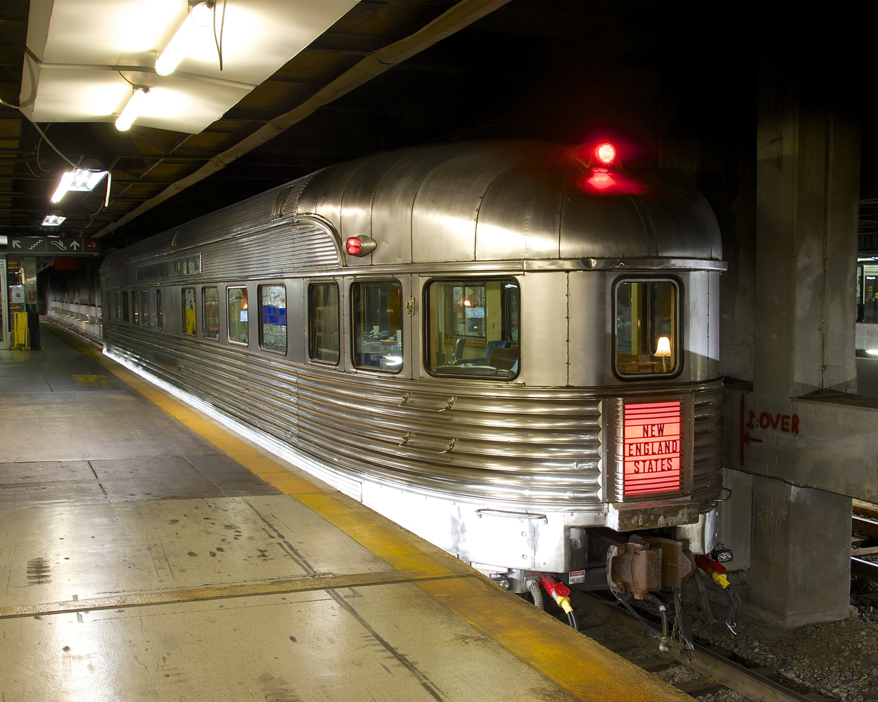 Private Car Babbling Brook is seen parked on Track 17 of Montreal's Central Station. This car was built by Budd for New York Central and is now privately owned. It arrived in Montreal on Amtrak's Adirondack on Friday evening and will be departing Sunday morning. Of note to Toronto-area railfans; it will be making its first trip to Toronto this coming week, arriving on Tuesday and departing the next morning on the Maple Leaf.
