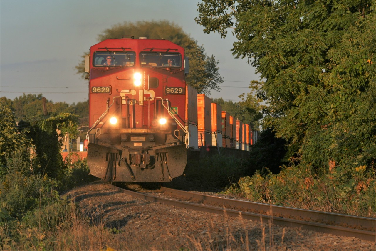 A westbound container train powered by AC4400CW 9629 and a sister are viewed curving through Belleville, Ontario on a late summer evening.