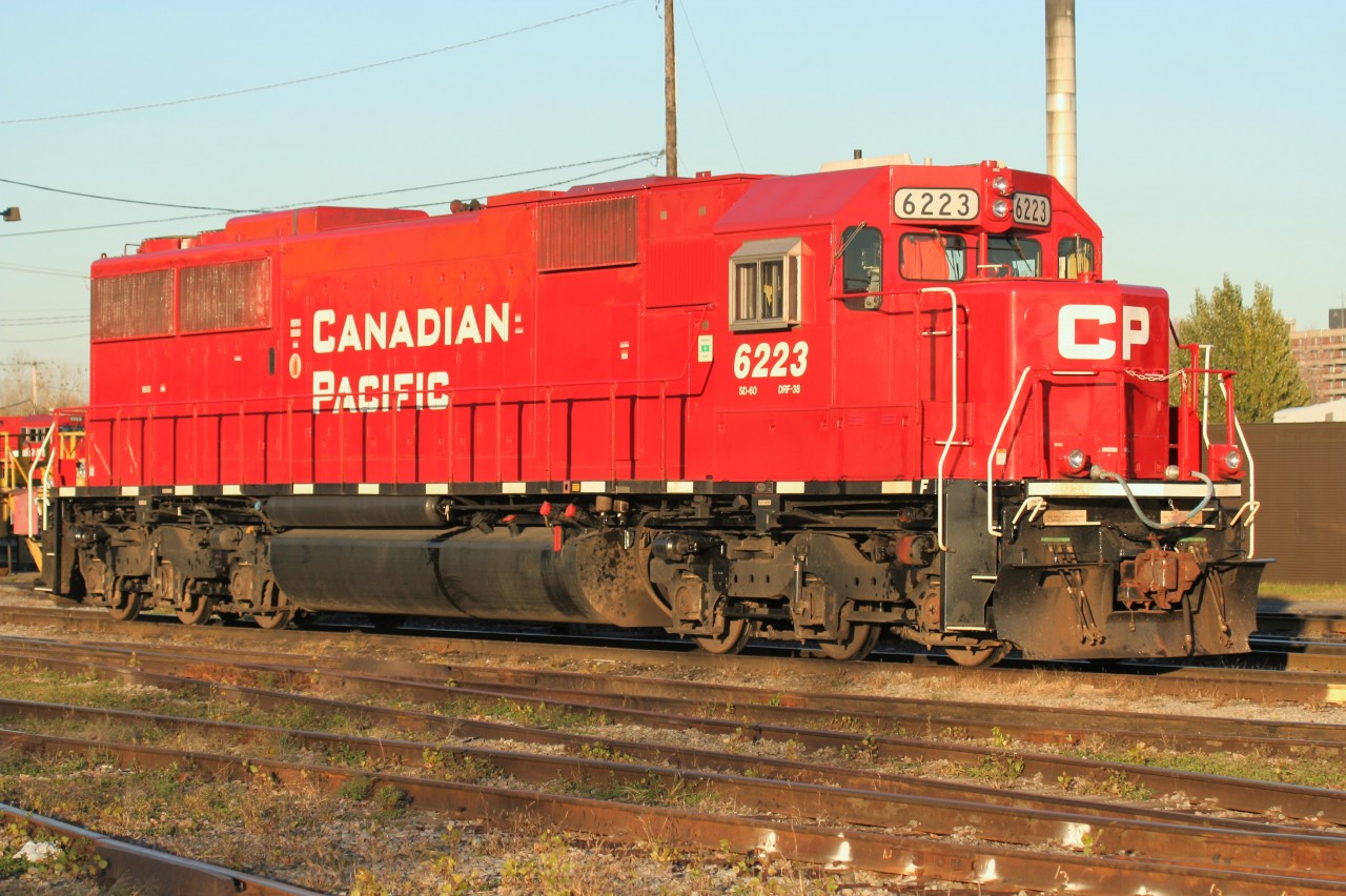Freshly rebuilt Canadian Pacific SD60 6223 is seen at the St. Luc diesel facility on a fall evening.