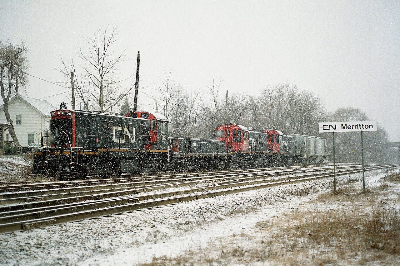 New power for Port Colborne Harbour Railway!!  After relying on ALCO C-425 #6101 and then ALCO S-1 #308 from their 1997 startup, help is on the way in the form of some old CN relics left at the PCHR (now Trillium) connector in Merritton. I made a visit to grab some clear shots of this newfangled power and was greeted by a flurry of flurries, which didn't appear to want to let up. Seen are x-CN 108, 168, 110 and 117; three MLW S-13s and a S-3 slug. Units were former CN 8617, 8495, 8618 and 8624. Currently only the 108 is operational.