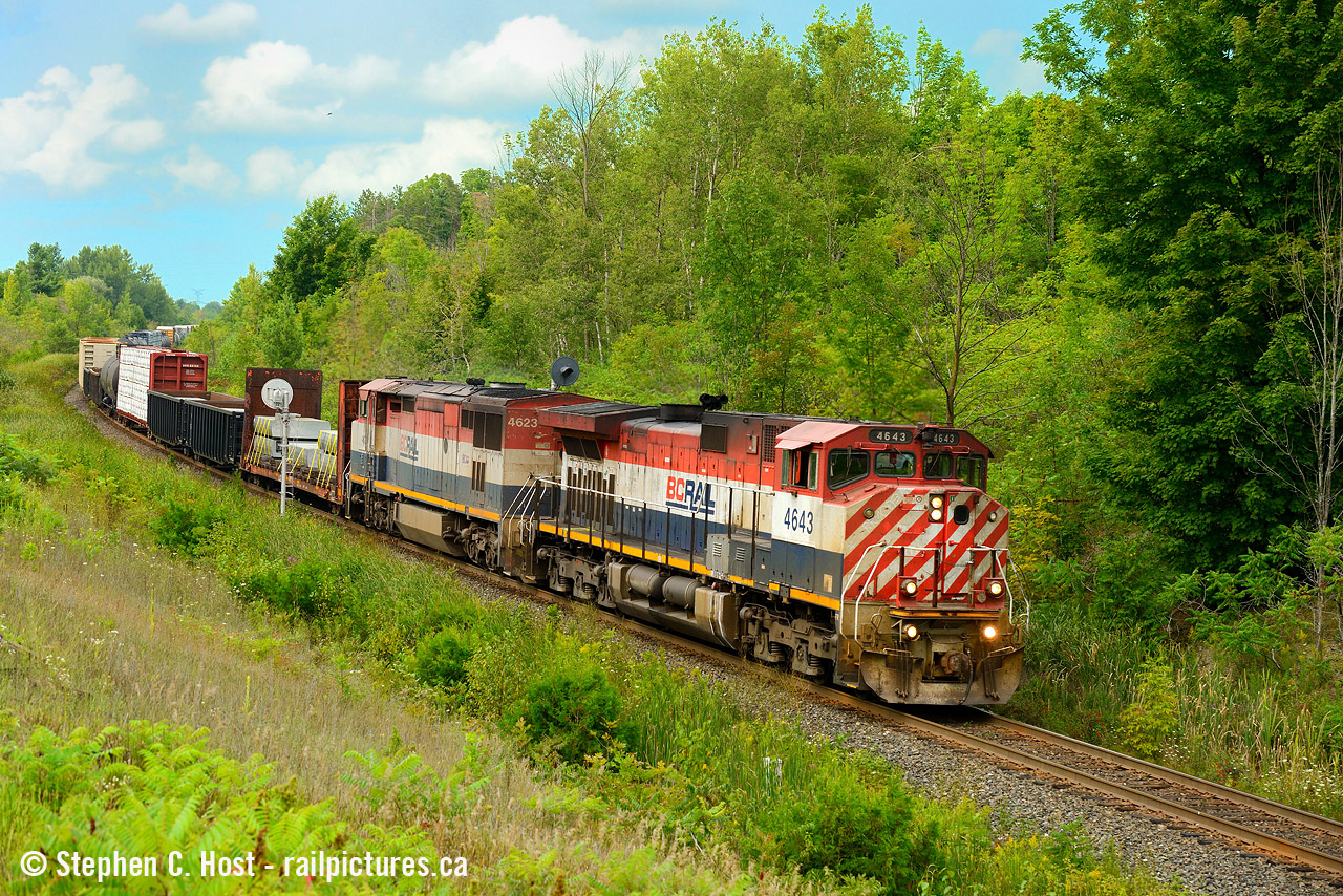 Here's a nice after work suprise, after BC Rail was taken over by CN, it took me about 2 years to get my first BCOL leader, but it took me another 12 years to get a pair solo on a train - here it is. These Red, White and Blue locomotives may as well be Red, Yellow and Blue owing to dirt.
And photographic notes - notice the forest fire haze lately? Remind you of the early to mid 2000's when coal burning was at peak? Well, if I may, young photographers would be VERY wise to invest in a good polarizer lens to cut the haze and bring out the contrast and blue sky. Get one ASAP, this haze isn't going anywhere for a while yet. My Circia 2001 B+W C-POL by Schneider Optics (Germany) is a godsend and I've used it on a few photos on this site to great effect. Retail price for a good polarizer is about $150 USD. Don't skimp when buying filters, the last thing you want are artefacts like headlight reflections, which ruin photos. If you want any blue sky in your afternoon photos, this is now a must.