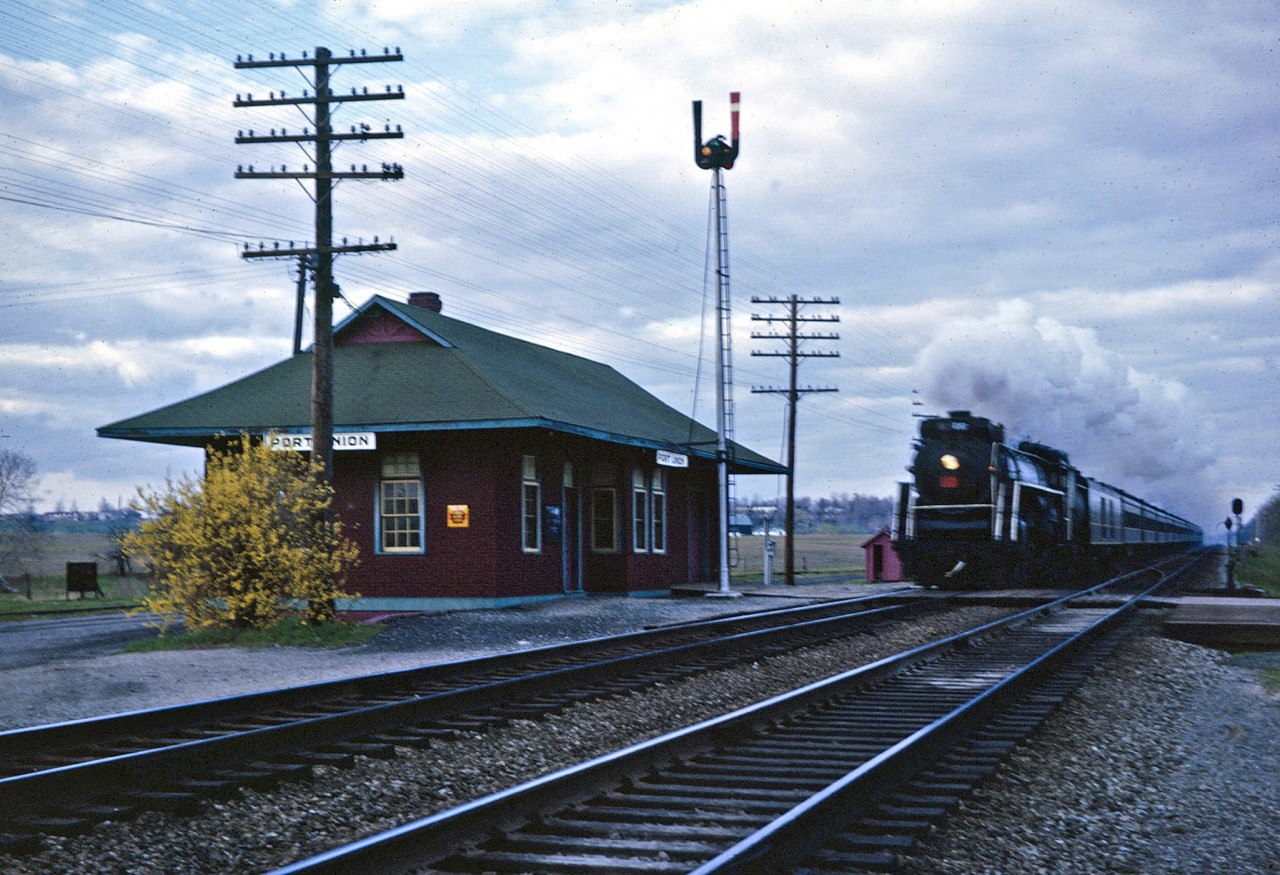Doing every bit of the allowed Maximum Track Speed of 80 mph, CN Northern 6167 makes a dramatic "run for the hill" as she approaches with a westbound Excursion.  So much has changed since 1963.  6167 resides in Guelph, Port Union station is long gone, the Oshawa Sub is now the Kingston Sub, ABS signals are now CTC, and the GO Rouge Hill station would be just to the tail-end of 6167's train now.