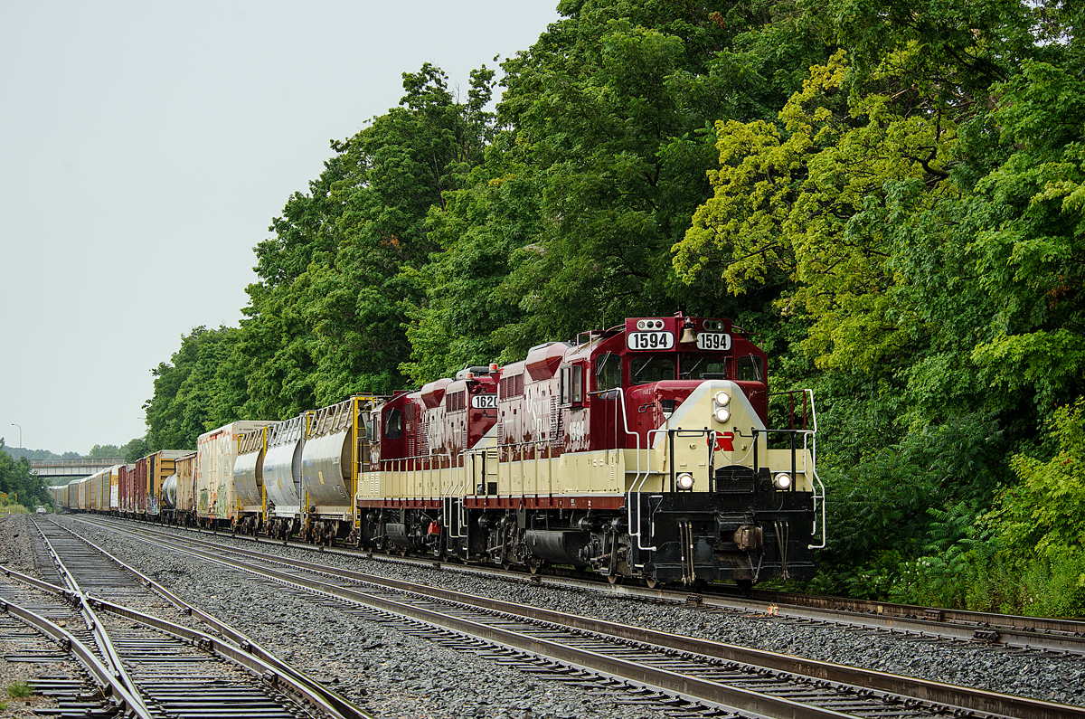 Immaculate OSRX GP9us 1594 and 1620 prepare for departure from Woodstock with a decent sized train for Ingersoll.