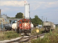 I have never gotten a chance to photograph OSR switching this far west on the Southern Guelph North spur, but after talking to the crew it appears they switch here quite often. AOC Canada specializes in resins and take in quite a few tank cars a week. OSR GP9U 1591 and RS23 504 have a few switching moves to perform before pushing their train back to the interchange between OSR and GEXR where the line meets the Fergus spur. 