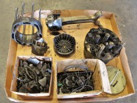 EMD 645 power assembly (cylinder) that had a catastrophic failure neatly piled on a pallet. largest item is the cylinder head and the piston crown is shown just below the connecting rod. Various broken pieces sit in the 2 boxes (except for the bailing wire,that wasn't in the engine:)