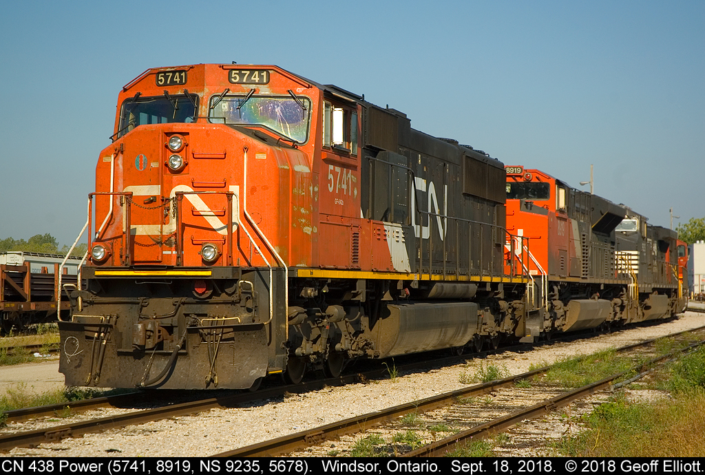 Big power on the CASO for September 18, 2018.  CN 438 is going to rate 4 big 6 axle units, including NS 9235, to move it's train from Windsor to London this evening.  Part of the consist came in on a Soya bean train for the ETR on Sunday, September 16th.  With the train now unloaded and the cars (110) returned from the ETR, we're likely to see a 150+/- train heading out on the CASO then up the old C&O, and eventually to the VIA Chatham Subdivision.  Wish it was like this all the time like it used to be back in the day............  Only with better power...  :-)