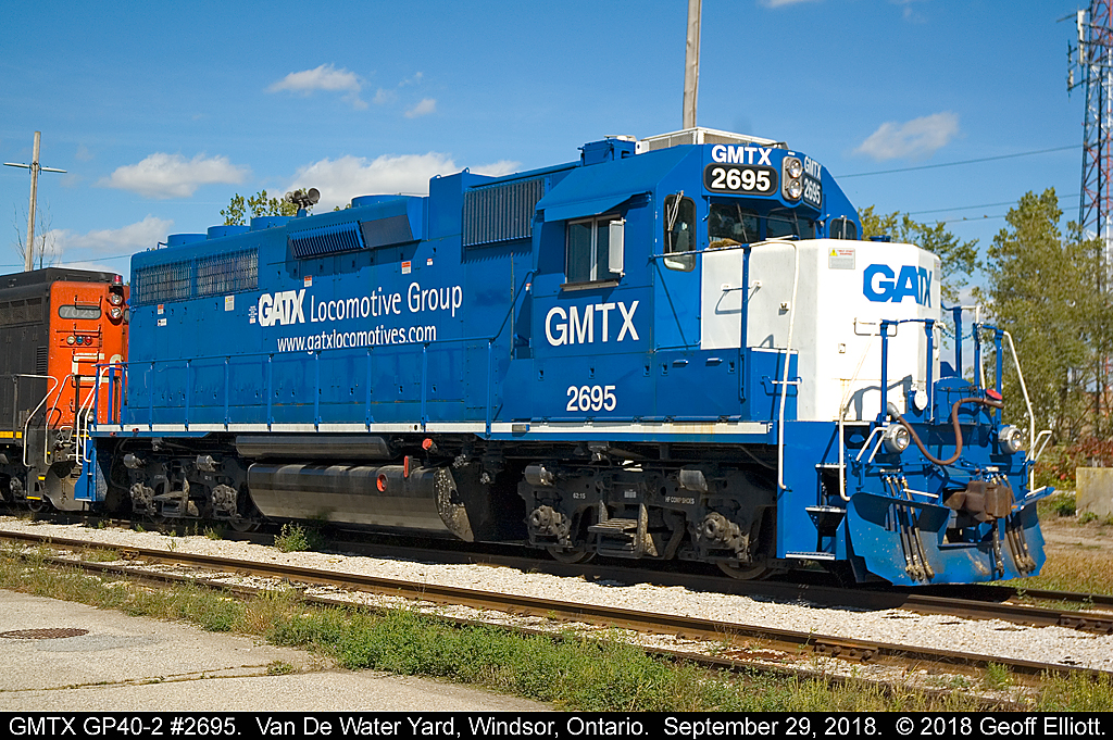 GMTX GP40-2 #2695, former SCL GP40 #1616, basks in the sun at CN's Van De Water yard in Windsor, Ontario between yard duties on September 29, 2018.