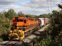 With the motive power on Goderich Exeter trains 431/432 typically the same most days, the challenge becomes finding new locations and different scenery. The stretch of track between Limehouse and Acton is a personal favourite for me as it often pushes train 431 to the limit especially when the train is light on motive power. The grade west up the Niagara Escarpment can often challenge even the most skilled engineers, and the sound can’t be done justice with a photo. Here we find train 431 with a borrowed SD40 off sister road SOR in the lead as the train struggles westward on Acton’s east side putting on a good show, about halfway back in the train is a new LRT trainset destined for the new Kitchener Waterloo LRT project.