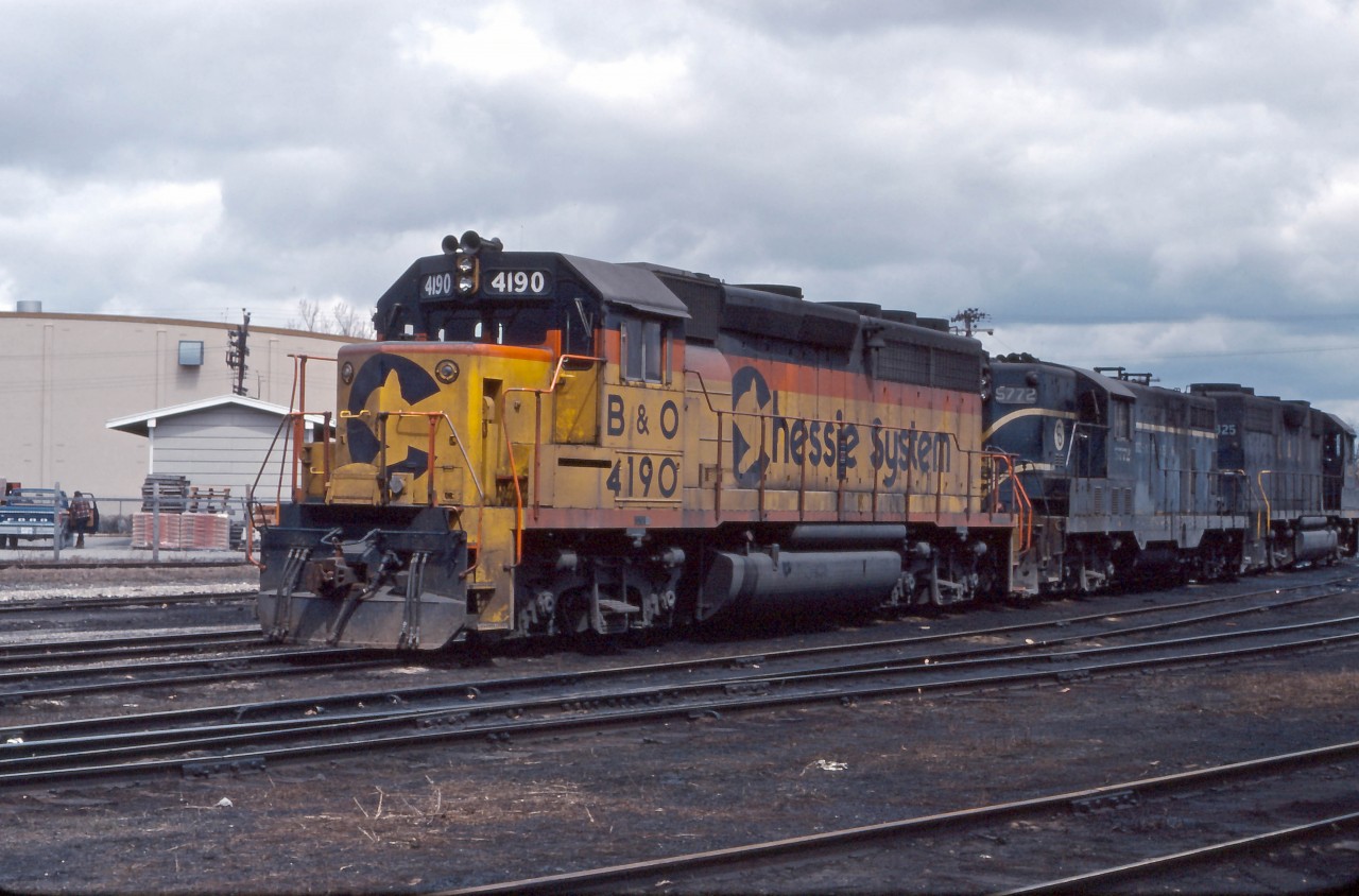 A trio of Chessie System units rest at the St. Thomas roundhouse, awaiting their call to duty (B&O GP40-2 4190, C&O GP7 5772 and C&O GP38 4825).