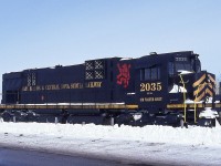 I was rather surprised to see this old MLW C-630M #2035 in the GEXR yard at Goderich on one frosty winters' day. On loan, I guess,  from the East. This was the largest locomotive I had ever seen on the GEXR, and to be honest I don't think it ever turned a mile in revenue service. Anyone know? According to the Trackside Guide this former CN 2035 was cut up for parts in 1999.