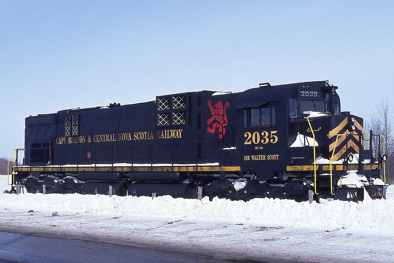 I was rather surprised to see this old MLW C-630M #2035 in the GEXR yard at Goderich on one frosty winters' day. On loan, I guess,  from the East. This was the largest locomotive I had ever seen on the GEXR, and to be honest I don't think it ever turned a mile in revenue service. Anyone know? According to the Trackside Guide this former CN 2035 was cut up for parts in 1999.