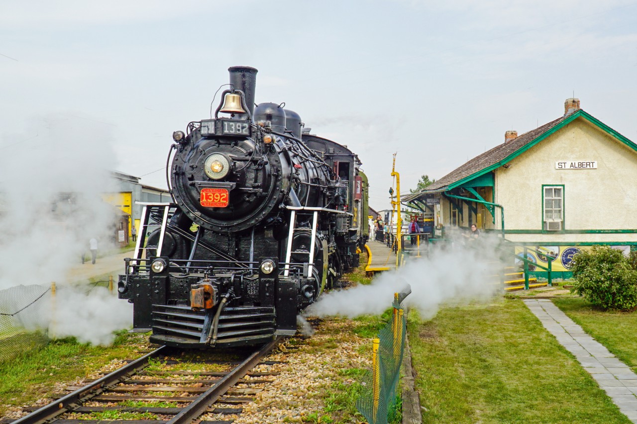 The Alberta Railway Museums 4-6-0 CN 1392 (Nee CNoR 1392) departs St. Albert Station (also ex CNoR) for its short back and forth excursion on the meseums 1/2 mile or so track.